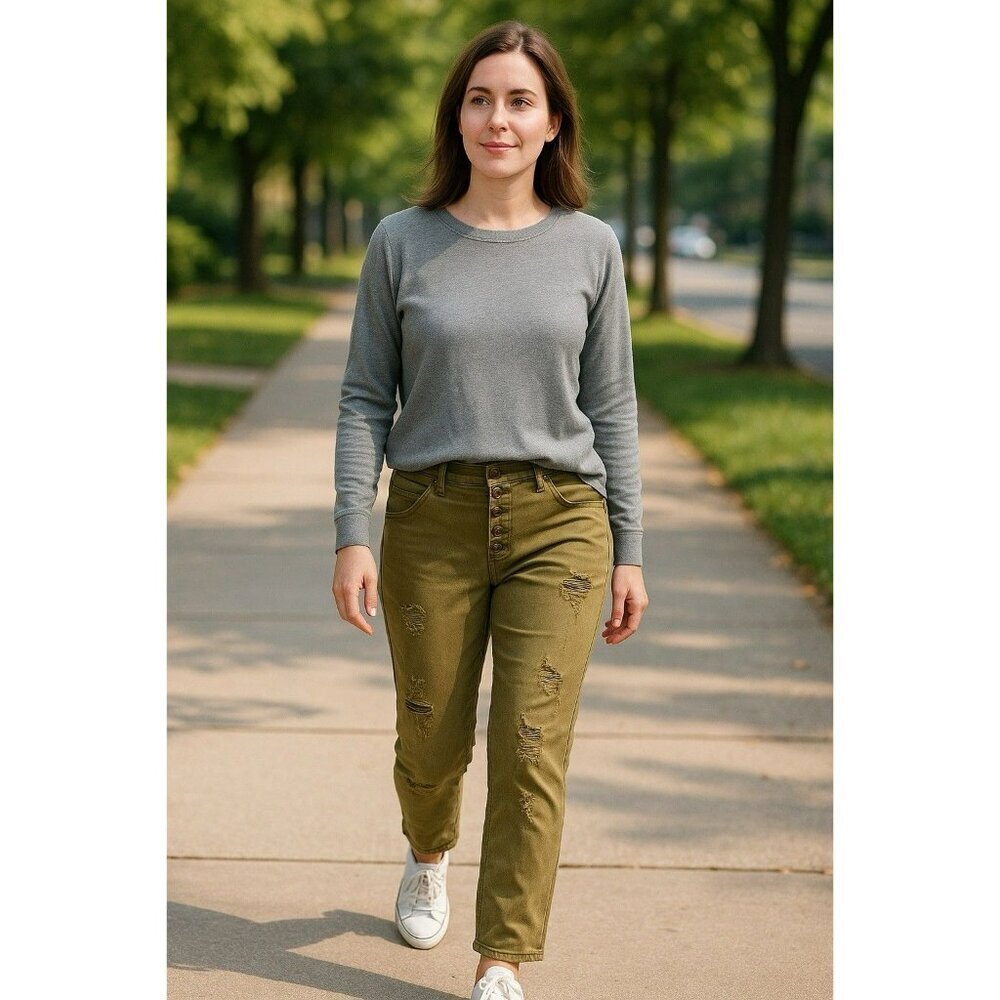 Free People Distressed Olive Green Pants Pockets Size 2 EUC